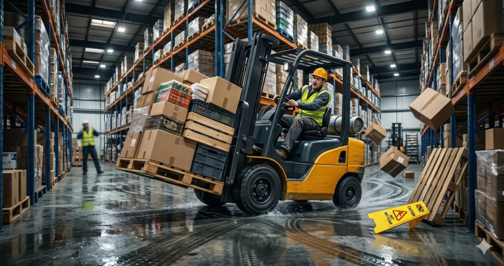 bahaya lantai licin forklift