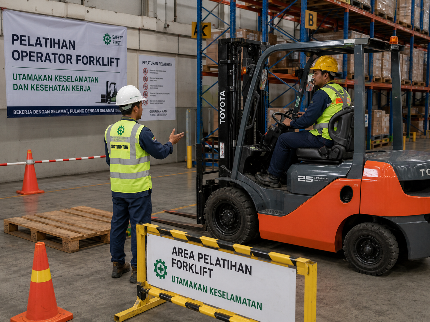 Instruktur melatih operator pada sesi training forklift inhouse di gudang perusahaan
