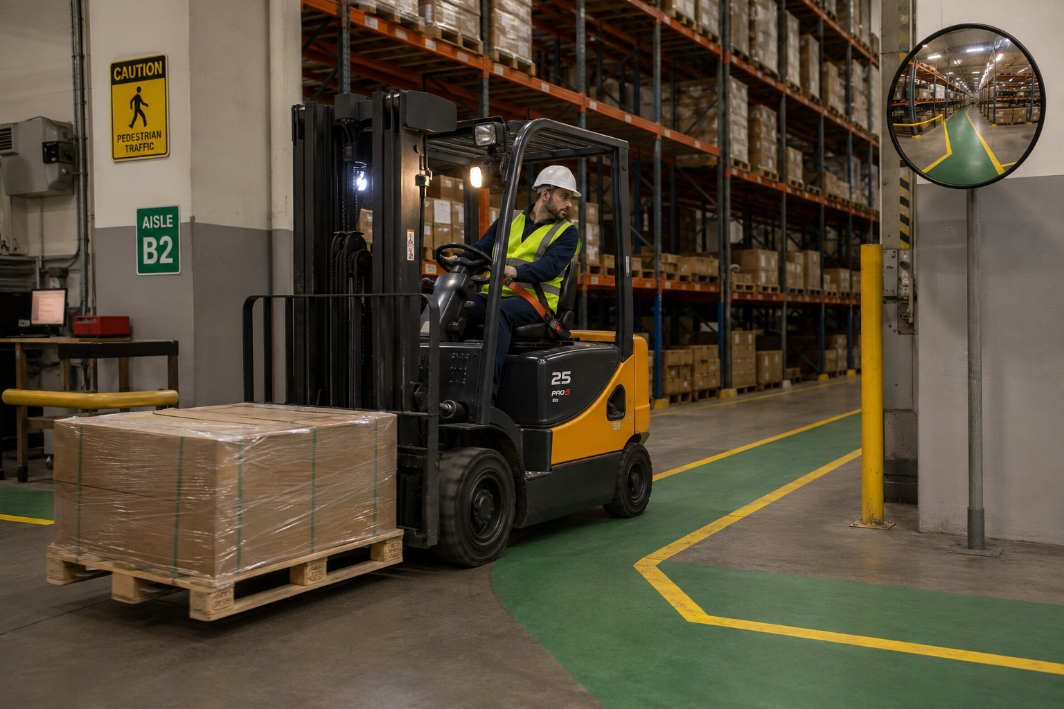Forklift berbelok aman di lorong gudang dengan muatan rendah dan operator bersabuk pengaman