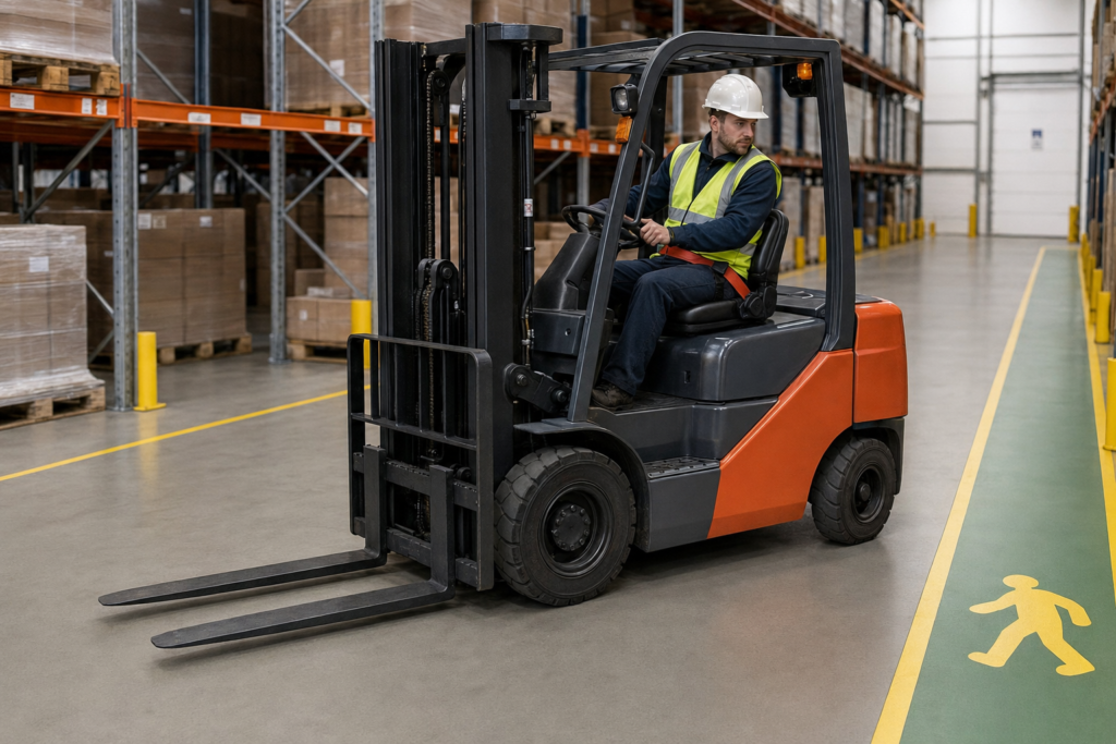 Operator forklift berbelok pelan dengan garpu rendah dan sabuk pengaman terpasang di lorong gudang.