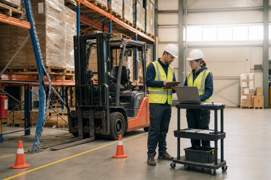 Supervisor dan operator menilai kerusakan racking serta menghitung biaya tersembunyi kecelakaan forklift